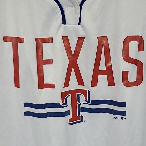 Men's Large Majestic Texas Rangers White Baseball Jersey MLB Logo Tee Mesh Trim - Picture 6 of 7